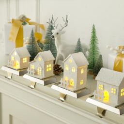 MorningRo 4 Pcs Christmas Village Stocking Holder for Mantle LED Christmas Village House Stocking Hook Set Fireplace Stand Hanger for Xmas Holiday Counter Window Decoration
