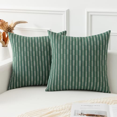 Kevin Textile 18x18 Pillow Covers, Boho Woven Texture Square Throw Pillow Covers Set of 2, Linen Decorative Burlap Pillow Cases for Couch Bedroom Living Room, Dark Green