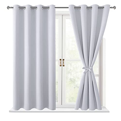 Hiasan Blackout Curtains for Bedroom, 52 x 54 Inches Long - Thermal Insulated & Energy Saving Window Curtains for Living Room, 2 Drape Panels Sewn with Tiebacks, Greyish White