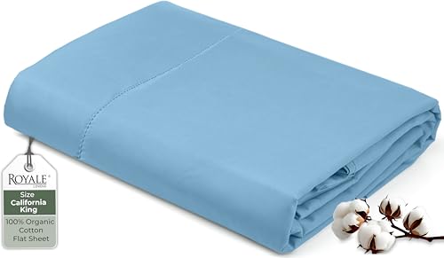 "Royale Linens 100% Organic Cotton California King Flat Sheet Only - Super Soft - Percale Top Sheets - King Cal Flat Sheet Sold Separately - Cool & Crisp Lake Blue Sheets Only (108"" x 102"", Lake Blue)"