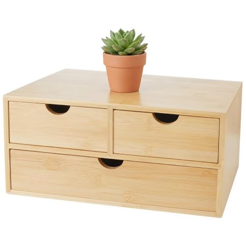 Charmewooden Bamboo Desk Organizer with 3 Drawers, Countertop Organizer with Drawers Makeup Storage Drawer 3 Drawers Tabletop Storage Organization Box Home Office Workspace