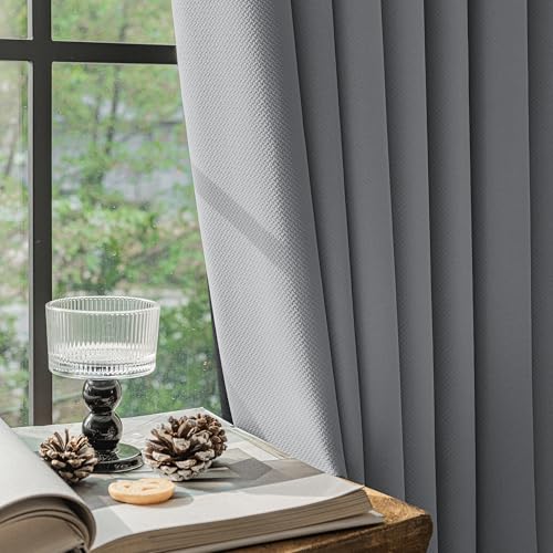 FMFUNCTEX 100% Blackout Dark Grey Curtains 90 Inch Long Rod Pocket 2 Panels - Black out Drapes, Thermal Insulated Noise Reducing, Rod Pocket, Room Darkening, Window Curtain, for Living Room ,Back Tab