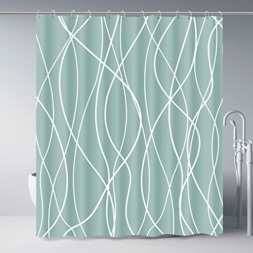 "Punkray Striped Shower Curtain with Hooks, Weighted Hem Shower Curtains Water Repellent Machine Washable, Blue Green, 72"" W x 72"" L"