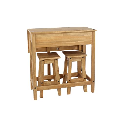 Home Source Solid Pine Breakfast Bar Set, Drop Leaf Kitchen Table with 2 Matching Stools, Natural Finish