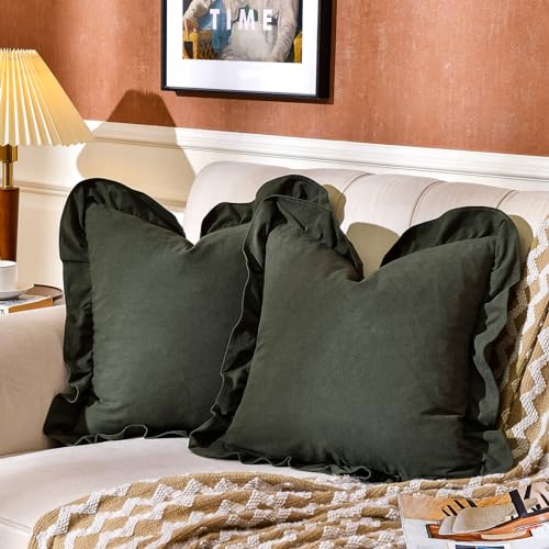 AmHoo Pack of 2 Throw Pillow Covers 100% Cotton Pre Washed Ruffle Decorative Pillowcase Cushion for Couch Sofa Bedroom 22 x 22-Inch Green