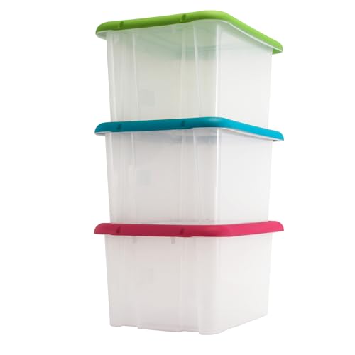 EDA - Set of 3 Storage Boxes 55 L Funny Box - With Lids - Nesting and Stackable - 67.5 x 44 x H.31 cm - Transparent