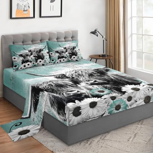 WeCozy 4 Pieces Queen Size Bed Sheet Sets with Pillowcases, Highland Cow Animal Soft Microfiber Bedding Set for Kids and Adults, Buffalo Bull Farm Daisy Flat Sheet, Fitted Sheet for Bedroom Bed Decor