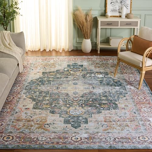 Safavieh Distressed Rug Ideal for High Traffic Areas - Machine Washable and Non Slip - Arizona Collection, Short Pile, in Green and Brown, 244 X 305 cm