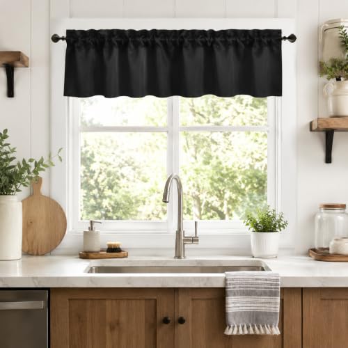 Aquazolax Curtain Valances for Living Room 52x14 Inch, Thermal Insulated Small Valence Curtains for Bathroom Cafe Basement Window, 2 Pack in Black