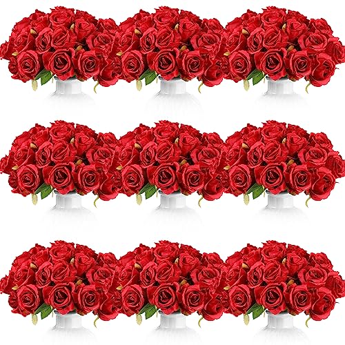 Jexine 120 Pcs Artificial Rose Flowers Bouquet Rose Silk Realistic Flowers Bulk Centerpieces DIY Bride Fake Rose for Home Bridal Wedding Party Decorations (Red)