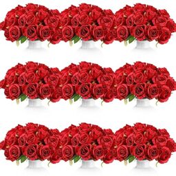 Jexine 120 Pcs Artificial Rose Flowers Bouquet Rose Silk Realistic Flowers Bulk Centerpieces DIY Bride Fake Rose for Home Bridal Wedding Party Decorations (Red)