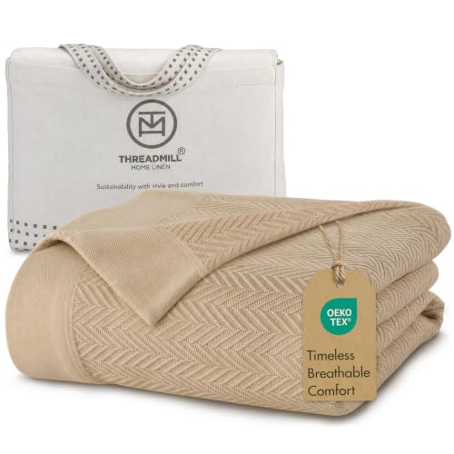 Threadmill 100% Pure Cotton, Twin Size Beige Blanket - Herringbone Pattern, Lightweight, Soft & Cozy Premium Fall Throw Blanket for All Seasons, 350GSM & 68x92 with Free Tote Bag