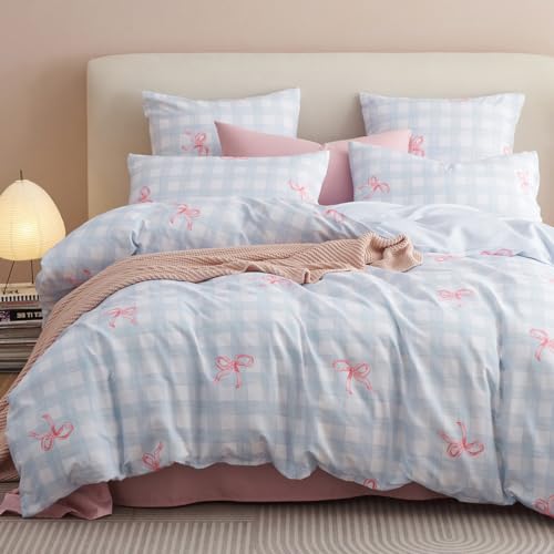Bildenly Twin Size Duvet Cover - Blue Plaid Pink Bowknot Comforter Cover Soft & Lightweight Microfiber Quilt Cover with Zipper Closure and 1 Pillowcase