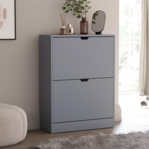 Vida Designs Shoe Cabinet, Wooden Shoe Storage Unit with 2 Flip Drawers, Multifunctional Dust-Proof Space-Saving Slim Cupboard for Hallway or Entryway, 100% FSC Certified (Grey)