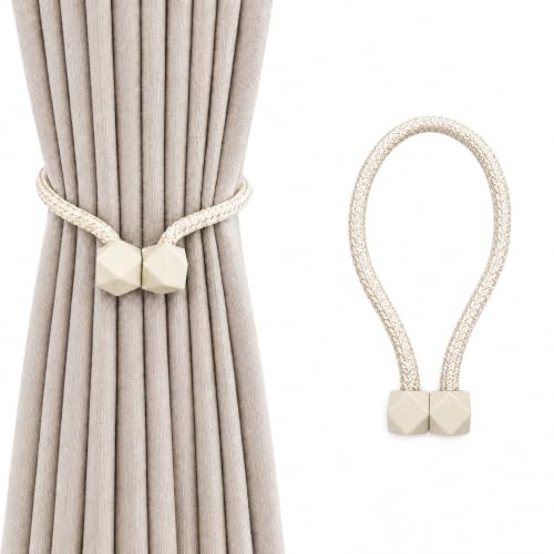 Magnetic Curtain Tiebacks 2 Pcs, 50cm Cube Magnetic Rope Curtain Tie Backs ??? Beige Rope Tie Backs for Curtains