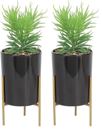 Sleepdown Halo Green Leaf Black Pot Stand Artificial Faux Plant for Home Office Bathroom Decor Indoor Decoration Aesthetics, Medium (Pack of 2)
