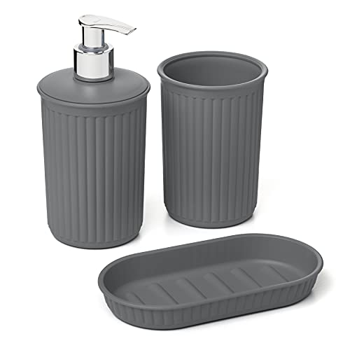 TATAY Baobab 3-Piece Countertop Bathroom Set, Plastic Material, BPA Free - Ref. 6391014 - Soap Dish - Tumbler Included - Soap Dispenser - Easy Surface Cleaning - Compact Storage, Anthracite Grey