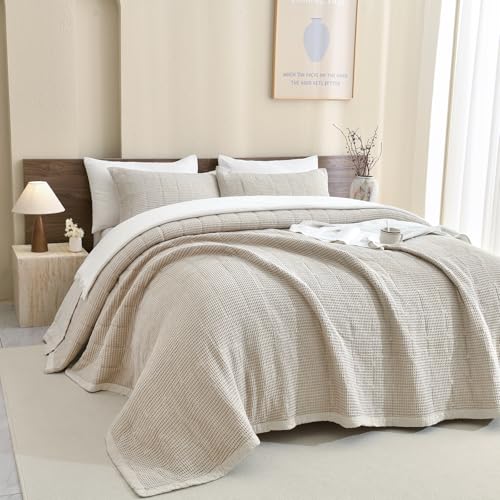 "Sanracie Cotton Oversized King Bedspread(120""x120""),Wheat Waffle Weave Quilt Set 3Pcs Soft Lightweight Farmhouse Oversized King Quilt Bedding Set,Luxury Bedding Coverlet for All Seasons"