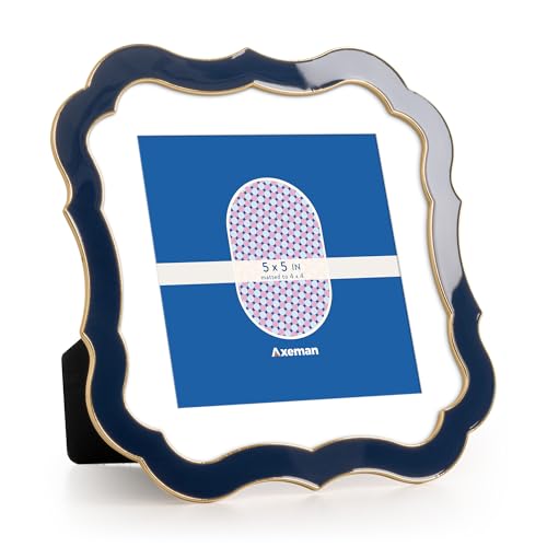Axeman 5x5 Square Picture Frame with Mat for 4x4 Photo-Tempered Glass-5 x 5 Ornate Enamel Photo Frame with Gold Metal Edge Velvet Back for Tabletop and Wall Mount Display for Shelf & Desk, Navy Blue