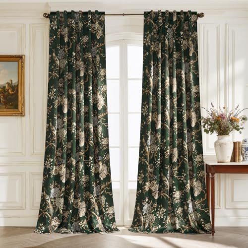StangH 100% Blackout Printed Curtains for Living Room???Blossom Floral Bird Pattern Thermal Insulated Vintage Mid Century Farmhouse Drapes???Green???W52xL96 Inches???2 Panels