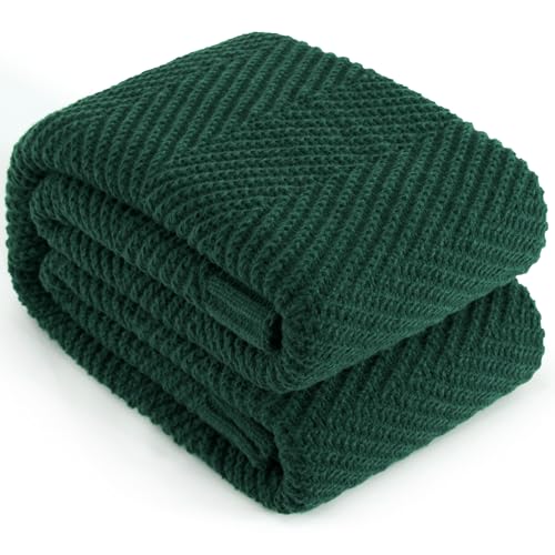 LONG CREATE Knitted Throw Blanket for Couch, 60X80 Chevron Bed Knit Throws - Dark Green Lightweight Living Room Decor, Super Soft Boho Bedding Blankets, Cozy Herringbone Textured, Chair Sofa Cover