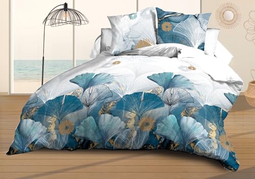 Le linge de Jules Ginko Ginko Blue Flat Sheet Set + Fitted Sheet 140 x 190 cm + 2 Pillowcases – Soft and Durable Microfibre – Easy Care