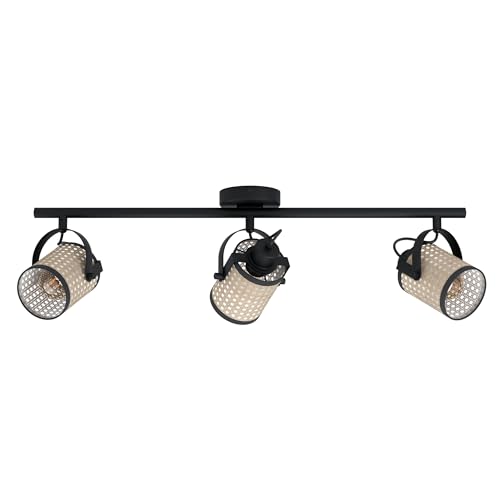EGLO Ruscomb Ceiling Light 3-Bulb Vintage Retro Boho Ceiling Spotlight Steel Paper Plastic Living Room Lamp in Black Natural Kitchen Lamp Spotlights with E27 Socket