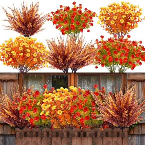 20 Bundles Artificial Fall Flowers for Outdoors Fall Decorations - UV Resistant Fake Mums Faux Fall Plants Plastic Flowers for Gardens Porch Fireplace Patio Home Indoor Autumn Thanksgiving Fall Decor