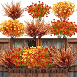 20 Bundles Artificial Fall Flowers for Outdoors Fall Decorations - UV Resistant Fake Mums Faux Fall Plants Plastic Flowers for Gardens Porch Fireplace Patio Home Indoor Autumn Thanksgiving Fall Decor