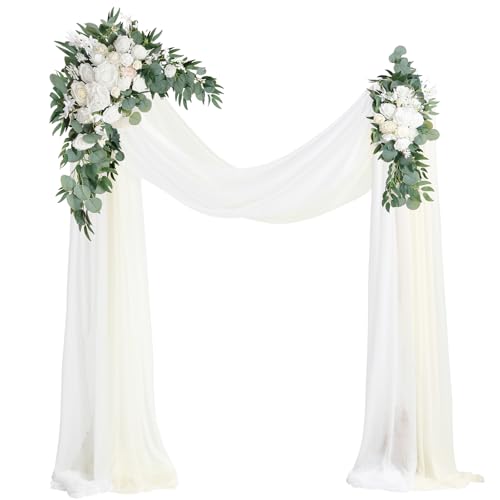 Floroom Arch Flowers with Drapes Kit (Pack of 4) - 2pcs Artificial Ivory & White Floral Swag Arrangement with 2pcs Draping Fabric for Wedding Ceremony Arbor and Reception Backdrop Decoration