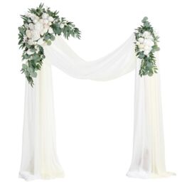 Floroom Arch Flowers with Drapes Kit (Pack of 4) - 2pcs Artificial Ivory & White Floral Swag Arrangement with 2pcs Draping Fabric for Wedding Ceremony Arbor and Reception Backdrop Decoration