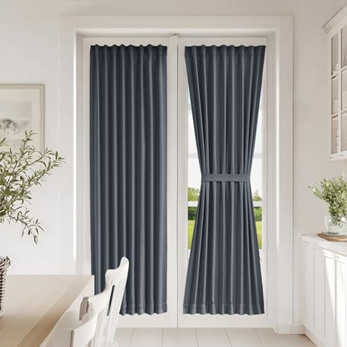 Vatge Gray Privacy French Door Curtain - Thermal Insulated Self Adhesive Blackout Door Curtains with Tieback, 1 Panel, W25 x L72, Grey