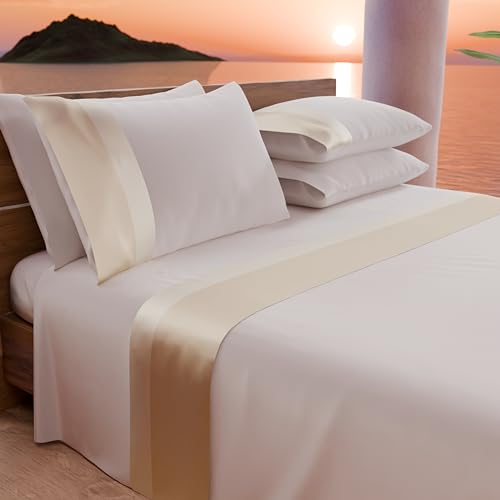 PETTI Artigiani Italiani - Double Bed Sheet Set with Double Satin Frill, 4 Pieces, 180 x 200 cm, Percale Cotton Sheets - Fitted Sheet, Top Sheet and 2 Pillowcases, Cream