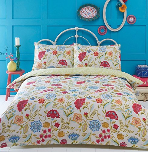 Irvine Double Bed Duvet Cover and 2 Pillowcases Set Bedding, Bed Set, Cream, Blue, Red, Floral, Retro, Cream