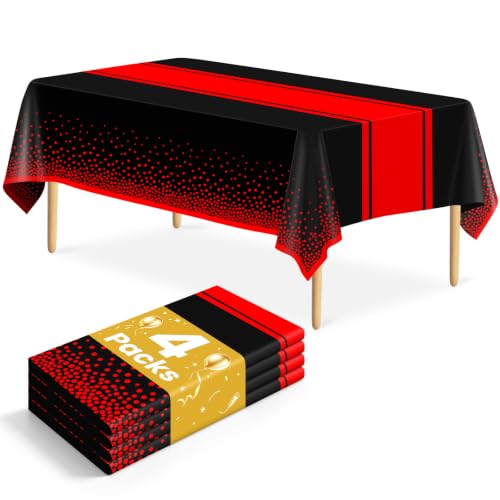 LIKAJON 4 Pack Black and Red Tablecloth Party Decorations Plastic Black Tablecloth Printed Red Table Runner 54 x108 Inch Disposable Rectangle Table Cover for Birthday Wedding Graduation Anniversary