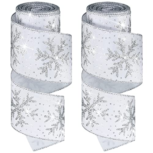 Xinnun Christmas Snowflake Wired Ribbon 2 Rolls, 12 Yard, White, Silver - Satin Glittered Snowflake Wired Edge Christmas Ribbon for Xmas Tree Gift Wrapping Winter Home Decorations Bow DIY Craft