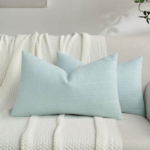FUTEI Pack of 2 Solid Chenille Throw Pillow Covers 12x20 Inch Soft Farmhouse Decorative Accent Lumbar Pillowcases Modern Home Decor for Couch Living Room, Light Blue