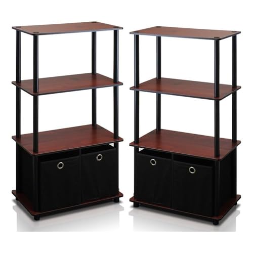 Furinno GO GREEN Storage Shelf Set of 2, 4-Tier Storage Rack with Bins, Book Shelf, Display Rack, with Storage Bins, for Organization and Storage, Living Room, Home Office, Dark Cherry
