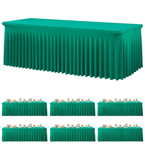 6 Pack Emerald Green Spandex Tablecloth for 6 foot Rectangle Tables, Wrinkle Free Fitted Table Cloth Cover 6ft Green Stretchy Tablecloths with Skirt for Parties Weddings Birthday Banquet Baby Shower