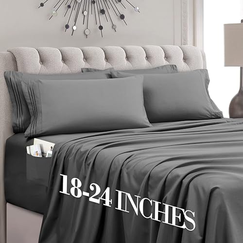 Mocassi Luxury 6-Piece Sheet Set, Ultra Soft 1800 Premium Hotel Quality Microfiber Sheet Set, Fits Mattresses Up to 18 to 24 Inches Extra Deep Pocket - Breathable and Secure Fit, Queen, Gray