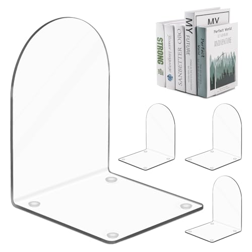 4 Pcs Acrylic Bookends, Clear Book Ends for Shelves with Anti-Slip Rubber Pads, Arch Book Stopper to Hold Books, Decorative Book Organiser for Heavy Duty Books, CDs, Files, School Office
