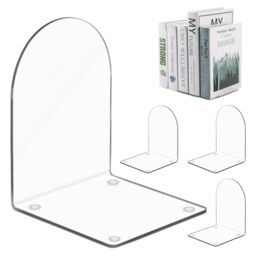 4 Pcs Acrylic Bookends, Clear Book Ends for Shelves with Anti-Slip Rubber Pads, Arch Book Stopper to Hold Books, Decorative Book Organiser for Heavy Duty Books, CDs, Files, School Office