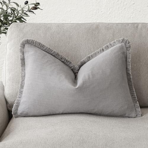 Foindtower Decorative Linen Fringe Throw Pillow Covers Cozy Boho Farmhouse Cushion Cover with Tassels Accent Pillowcase for Chair Sofa Bed Living Room Home Decor, 12??24 Inch, 1PC,Light Rustic Gray