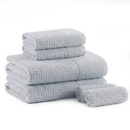 Madison Park Spa Waffle 100% Cotton Luxurious Towel Set, Premium Texture Waffle Weave, Highly Absorbent, Quick Dry, Hotel & Spa Quality Wash Clothes for Bathroom, Assorted Sizes, Blue 6 Piece
