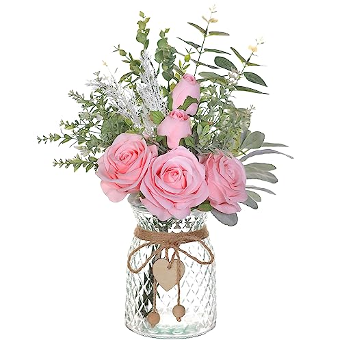 VIERENA Artificial Flowers with Vase, Silk Artificial Roses, Eucalyptus Flower Arrangement Home Office Farmhouse Bathroom Dining Table Coffee Table Decoration (Pink)