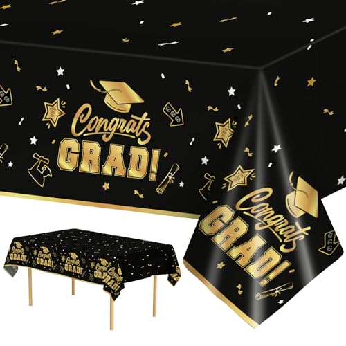 2 Pack Graduation Tablecloth - Congrats Grad Table Cloths, Plastic Disposable Rectangle Black Gold Class of 2024 Table Cover for Graduation Table Decorations Party Decor Supplies Favors,108 x 54 Inch