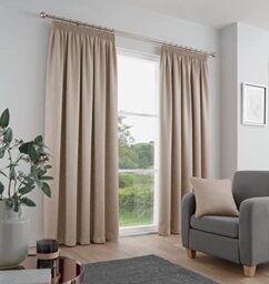 Fusion Strata Natural Pencil Pleat Drapes W168 x L183cm – 2 Panels – 100% Cotton – Thermal & Soundproof Curtains – Cream Pleated Fabric for Bedroom/Living Room – Heavyweight Finish