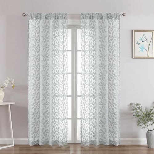 "Chyhomenyc Light Grey Sheer Curtains 72 Inches Long 2 Panels Set, Light Filtering Tufted Textured Soft Airy Rod Pocket Elegant Leaf Window Treatment Drapes for Bedroom Living Room, 42"" Wx72 L, 2PCS"