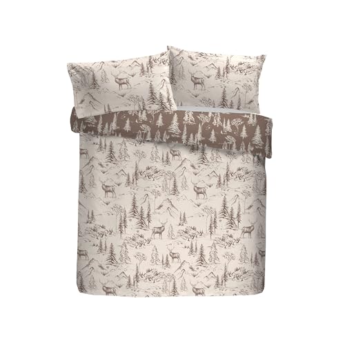 Dreams & Drapes Lodge Alpine Stag Brushed Cotton Duvet Cover Set, King Size 230x220cm, Natural, 100% Cotton, Winter Lodge Print, Orange