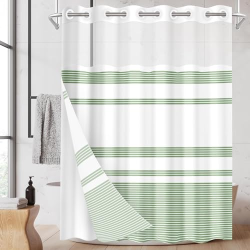 Nesphy No Hook Green Shower Curtain with Snap in Fabric Liner Set, Sage and White Striped Double Layers Waterproof Fabric with See Through Top Window Open Grommet Bath Curtain 71x74 Inch